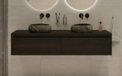 SaniGoods Alvares Badmeubel 160cm 2 Lades Eiken Charcoal Met Rivierstenen Waskommen