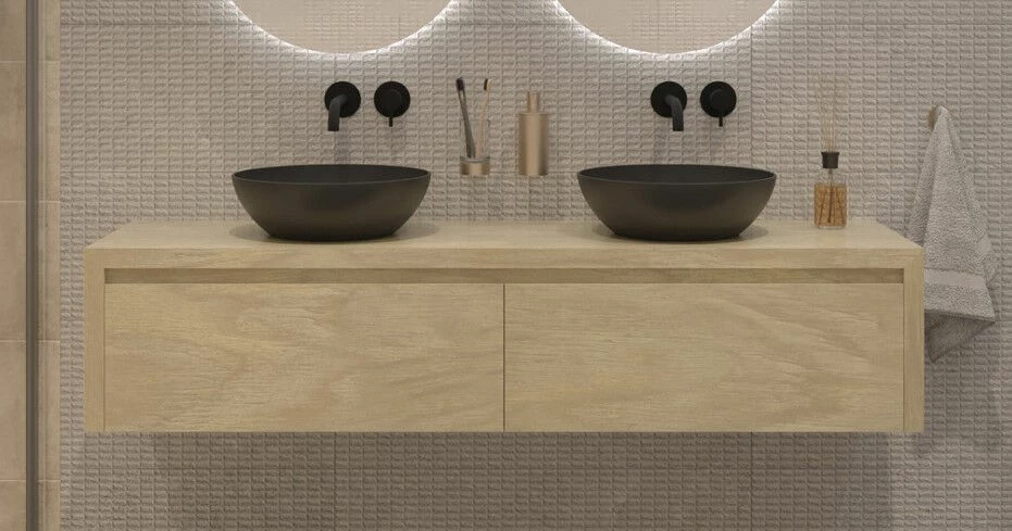 SaniGoods Alvares Badmeubel 180cm 2 Lades Eiken Corn Silk Met Zwarte Waskommen