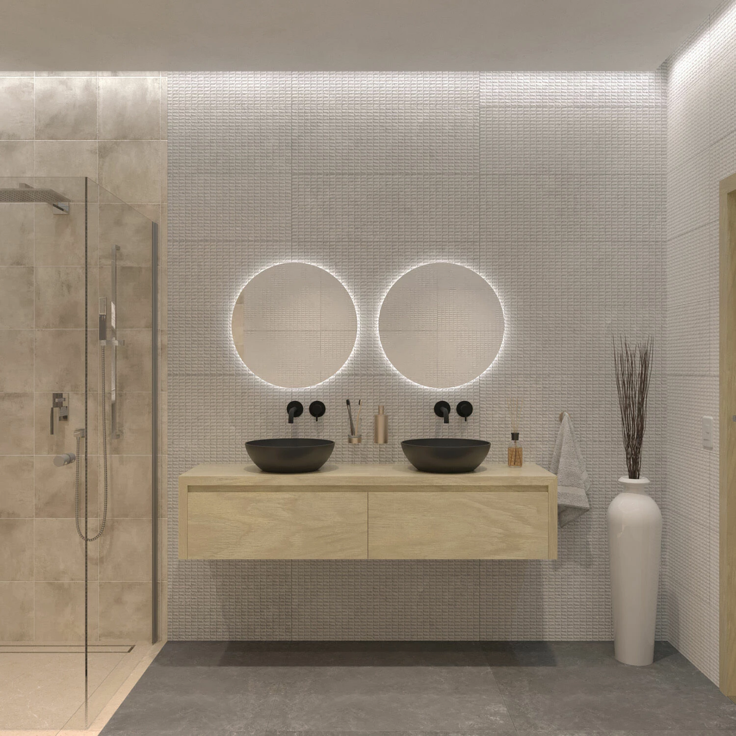 SaniGoods Alvares Badmeubel 180cm 2 Lades Eiken Corn Silk Met Zwarte Waskommen - Afbeelding 2