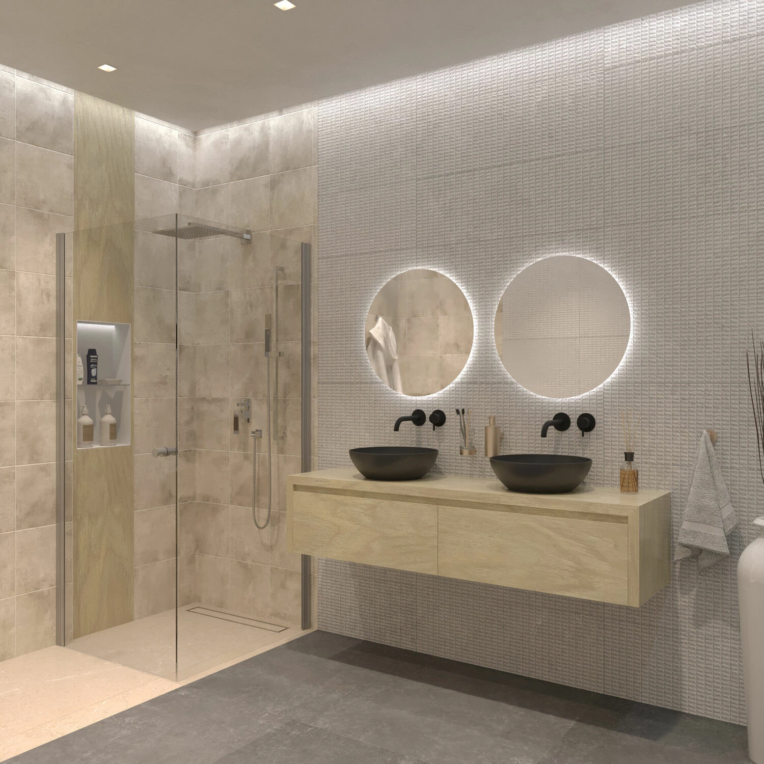 SaniGoods Alvares Badmeubel 180cm 2 Lades Eiken Corn Silk Met Zwarte Waskommen - Afbeelding 3