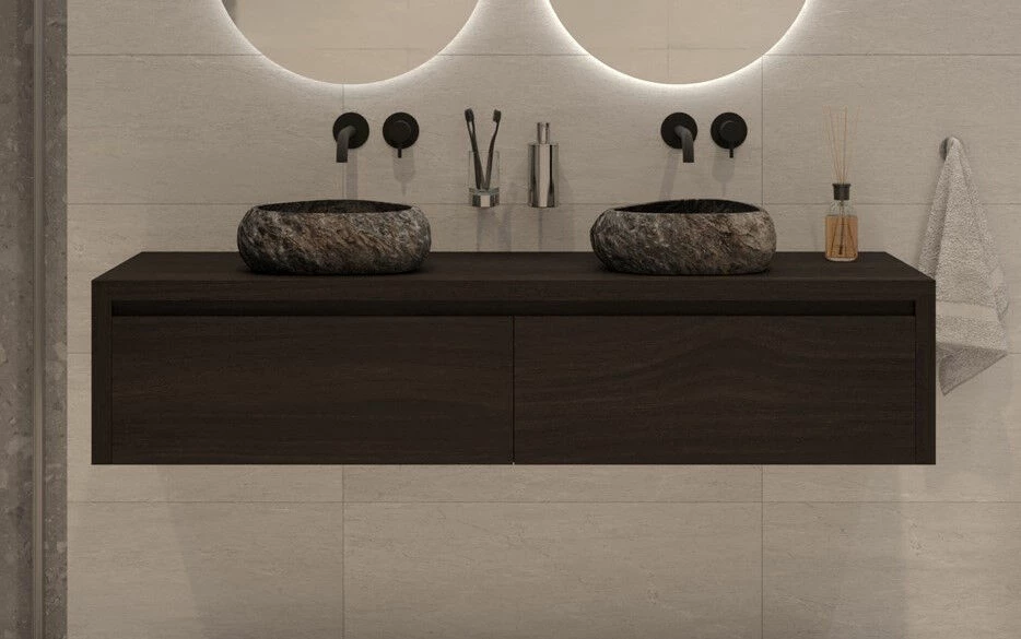 SaniGoods Alvares Badmeubel 180cm 2 Lades Eiken Charcoal Met Rivierstenen Waskommen