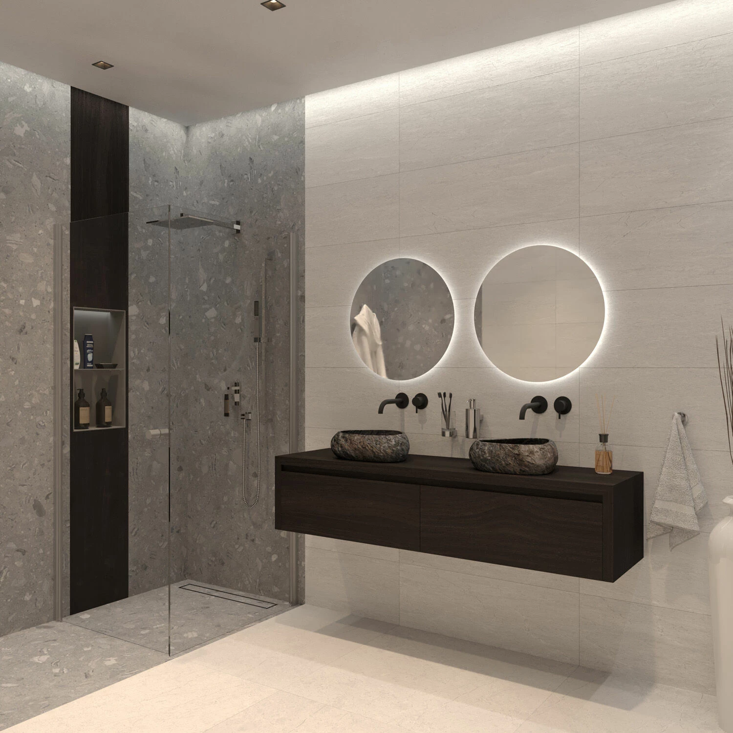 SaniGoods Alvares Badmeubel 180cm 2 Lades Eiken Charcoal Met Rivierstenen Waskommen - Afbeelding 3