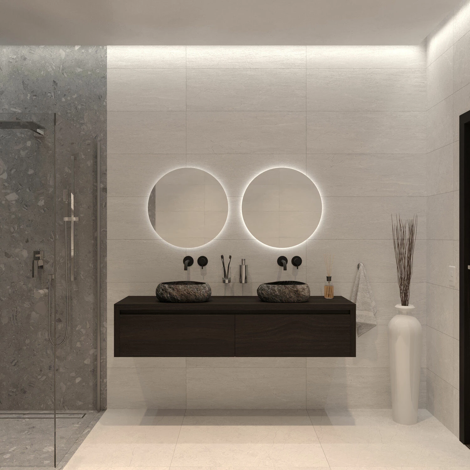 SaniGoods Alvares Badmeubel 180cm 2 Lades Eiken Charcoal Met Rivierstenen Waskommen - Afbeelding 2