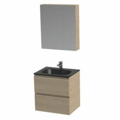Tiger Loft Badmeubel Met Spiegelkast En Zwarte Wastafel 60cm Naturel Eiken