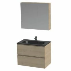 Tiger Loft Badmeubel Met Spiegelkast En Zwarte Wastafel 80cm Naturel Eiken