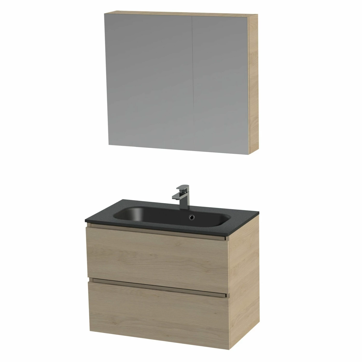 Tiger Loft Badmeubel Met Spiegelkast En Zwarte Wastafel 80cm Naturel Eiken