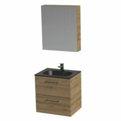 Tiger Studio Badkamermeubel Met Spiegelkast En Zwarte Wastafel 60cm Chalet Eiken