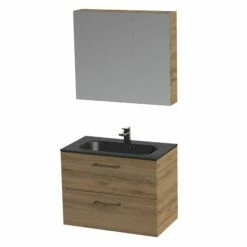 Tiger Studio Badkamermeubel Met Spiegelkast En Zwarte Wastafel 80cm Chalet Eiken