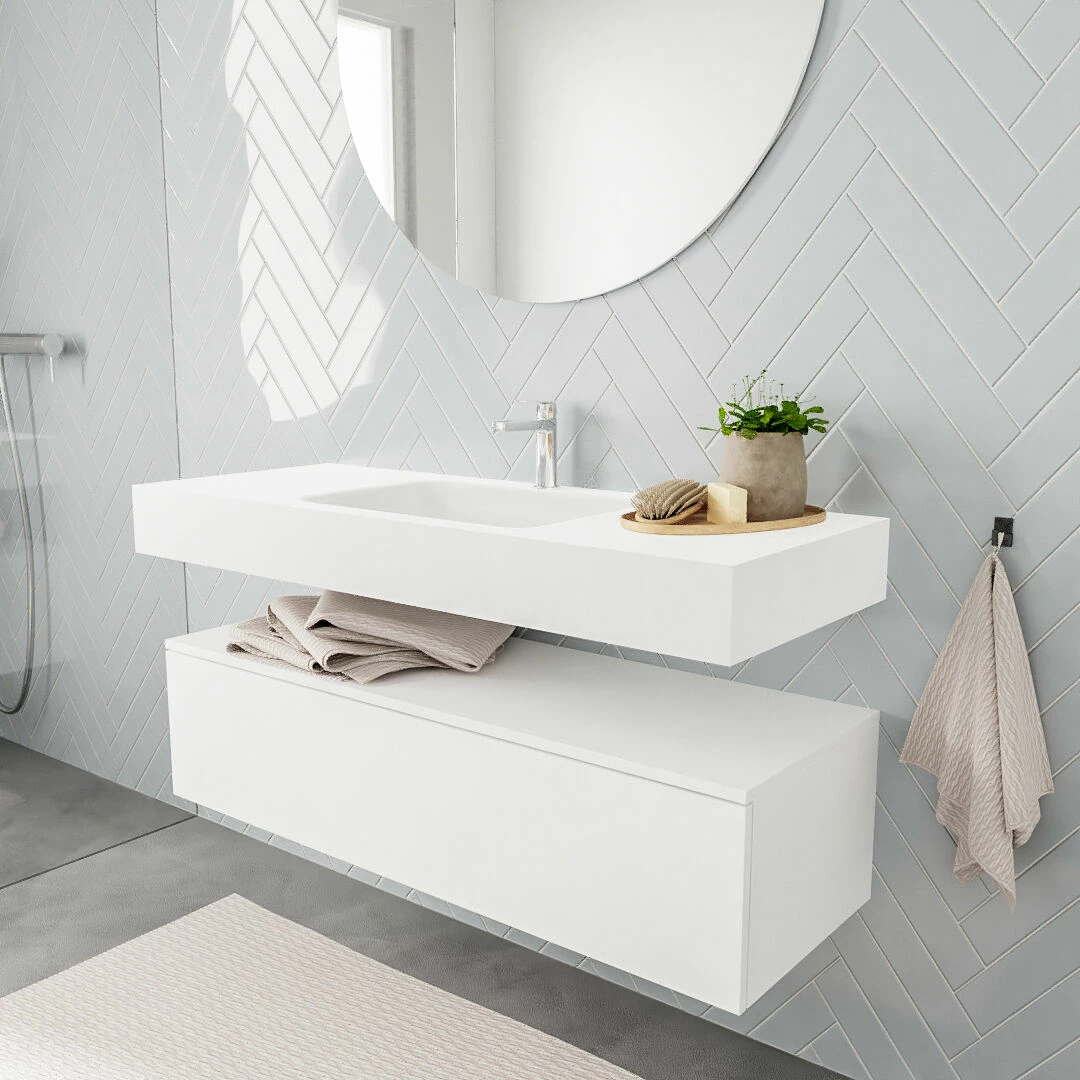 Zaro ALAN Vrijhangende Wastafel 120cm Met Wasbak Enkel Midden En Onderkast In Kleur Wit Mat 1 Lade(s)