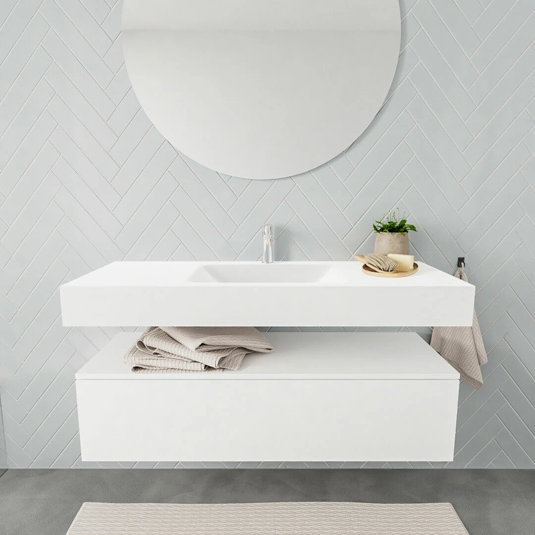 Zaro ALAN Vrijhangende Wastafel 120cm Met Wasbak Enkel Midden En Onderkast In Kleur Wit Mat 1 Lade(s) - Afbeelding 2