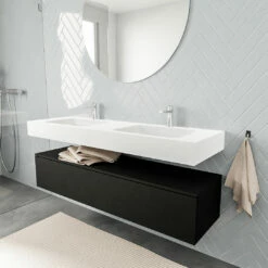 Zaro ALAN Vrijhangende Wastafel 150cm Met Wasbak Dubbel En Onderkast In Kleur Zwart Mat 1 Lade(s)