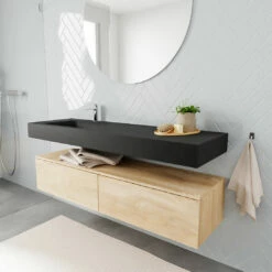 Zaro ALAN Vrijhangende Wastafel 150cm Met Wasbak Enkel Links En Onderkast In Kleur Washed Oak 2 Lade(s)