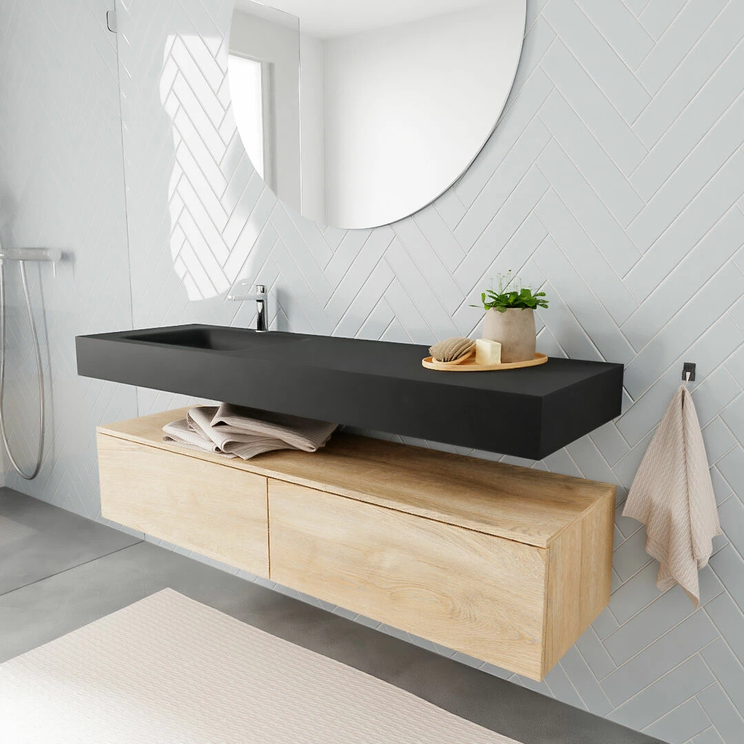Zaro ALAN Vrijhangende Wastafel 150cm Met Wasbak Enkel Links En Onderkast In Kleur Washed Oak 2 Lade(s)