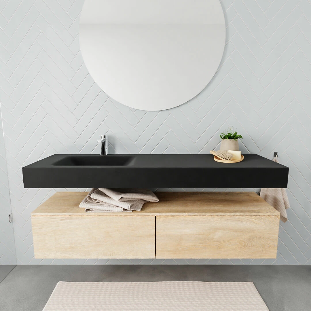 Zaro ALAN Vrijhangende Wastafel 150cm Met Wasbak Enkel Links En Onderkast In Kleur Washed Oak 2 Lade(s) - Afbeelding 2