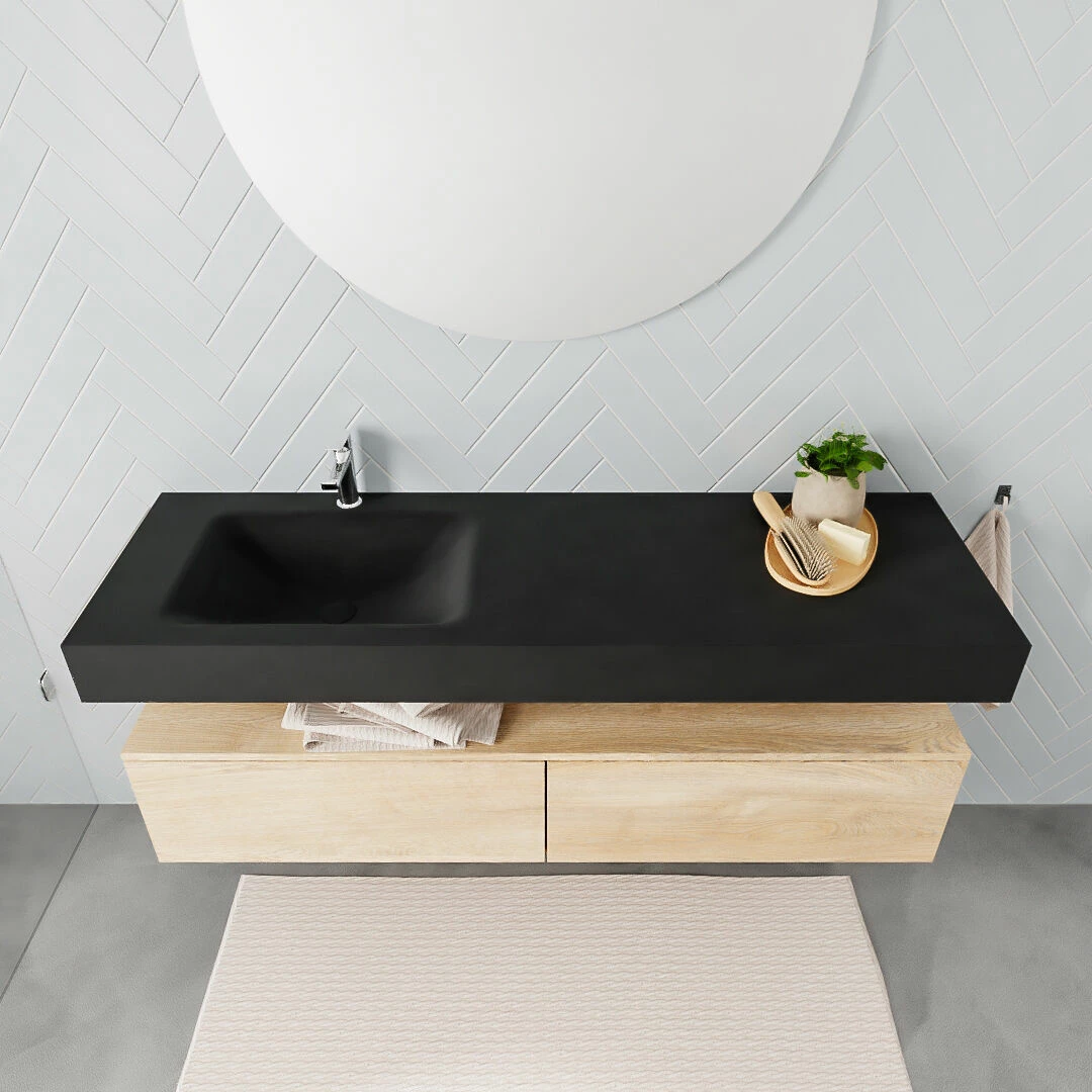 Zaro ALAN Vrijhangende Wastafel 150cm Met Wasbak Enkel Links En Onderkast In Kleur Washed Oak 2 Lade(s) - Afbeelding 3