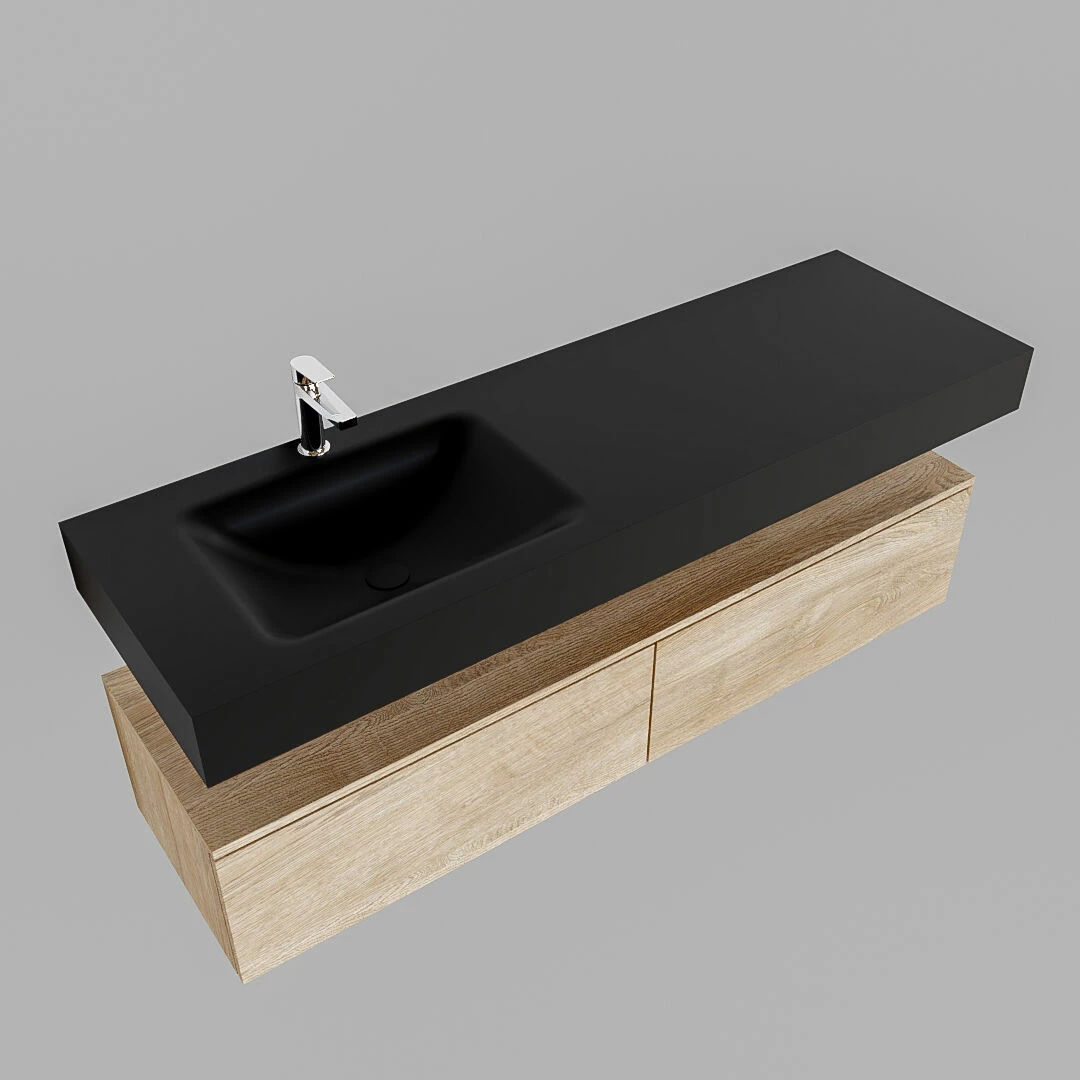 Zaro ALAN Vrijhangende Wastafel 150cm Met Wasbak Enkel Links En Onderkast In Kleur Washed Oak 2 Lade(s) - Afbeelding 4