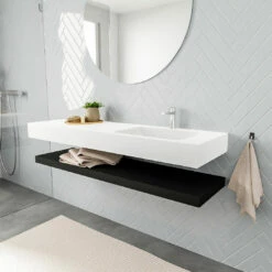 Zaro ALAN Vrijhangende Wastafel 150cm Met Wasbak Enkel Rechts En Solid Suface Planchet In Kleur Zwart Mat 0 Lade(s)