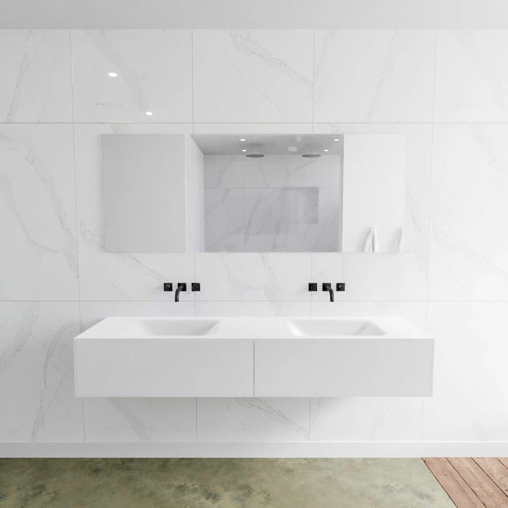 Zaro Lagom Volledig Naadloos Solid Surface Onderkast 180cm Mat Wit Met 2 Lades Push Tot Open. Compleet Met Solid Surface Wastafel Met 0 Kraangat(en)