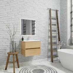 Zaro Sevilla Solid Surface Badkamermeubel 60cm Licht Eiken 1 Kraangat Met 2 Lades