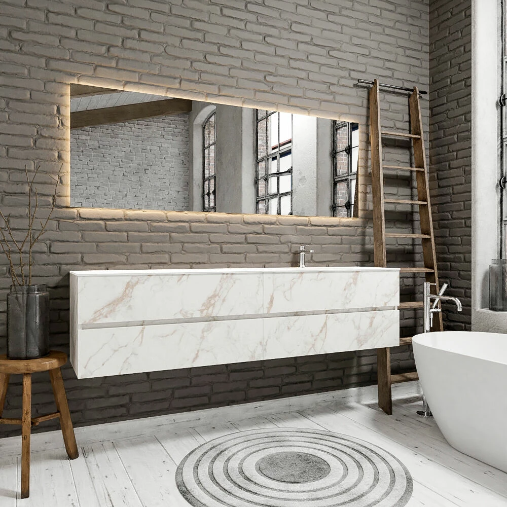 Zaro Valencia Solid Surface Badmeubel 200cm Mat Carrara Mat 1 Kraangat Spoelbak Rechts Met 4 Lades