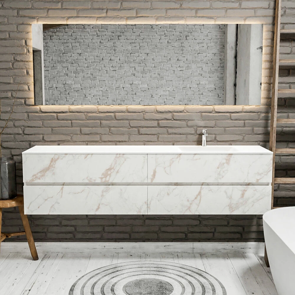 Zaro Valencia Solid Surface Badmeubel 200cm Mat Carrara Mat 1 Kraangat Spoelbak Rechts Met 4 Lades - Afbeelding 2