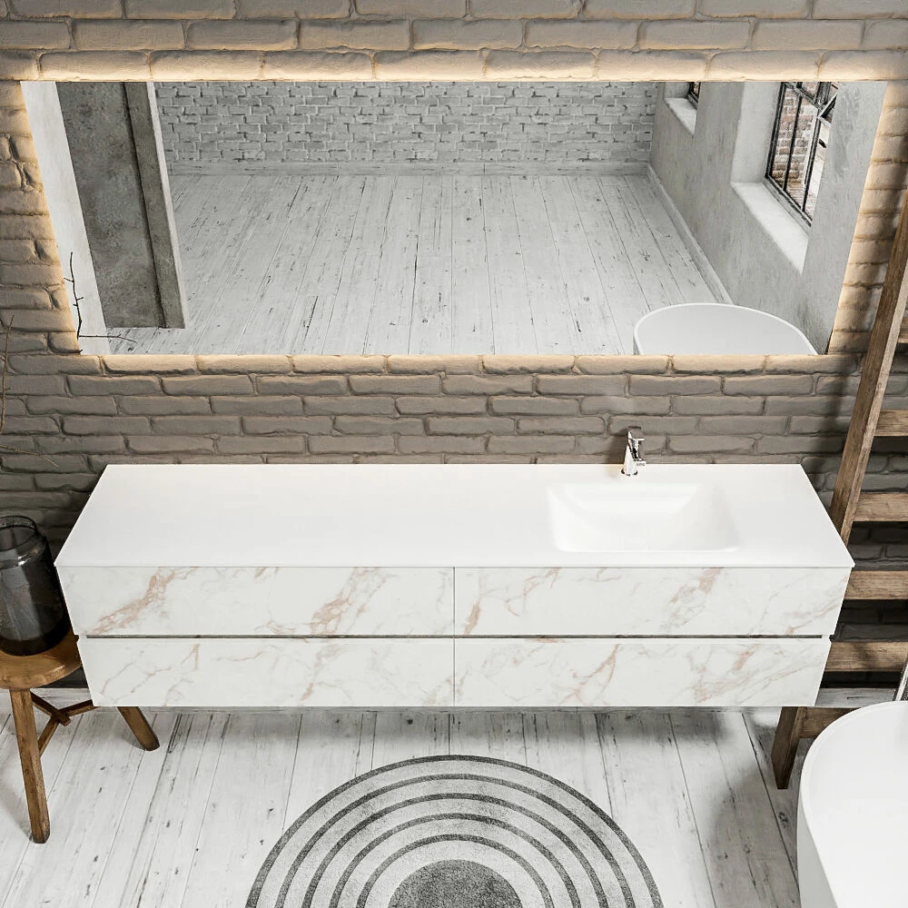 Zaro Valencia Solid Surface Badmeubel 200cm Mat Carrara Mat 1 Kraangat Spoelbak Rechts Met 4 Lades - Afbeelding 3