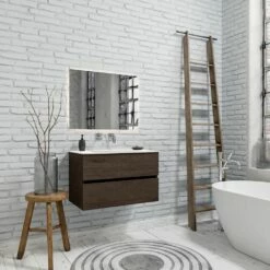 Zaro Valencia Solid Surface Badkamermeubel 80cm Donker Eiken Zonder Kraangat Met 2 Lades