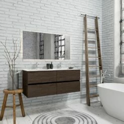 Zaro Valencia Solid Surface Badmeubel 120cm Donker Eiken 2 Kraangaten Dubbele Spoelbak Met 4 Lades