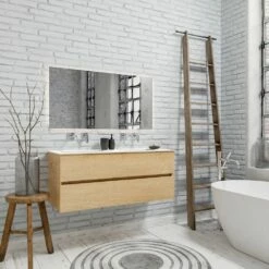 Zaro Valencia Solid Surface Badmeubel 120cm Licht Eiken Zonder Kraangat Dubbele Spoelbak Met 2 Lades