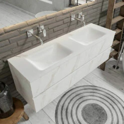 Zaro Valencia Solid Surface Badmeubel 150cm Wit Marmer Zonder Kraangat Dubbele Spoelbak Met 2 Lades